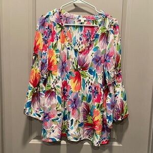 Spense Floral Blouse Large Ruffle V-Neck Flared Sleeve Lightweight Top